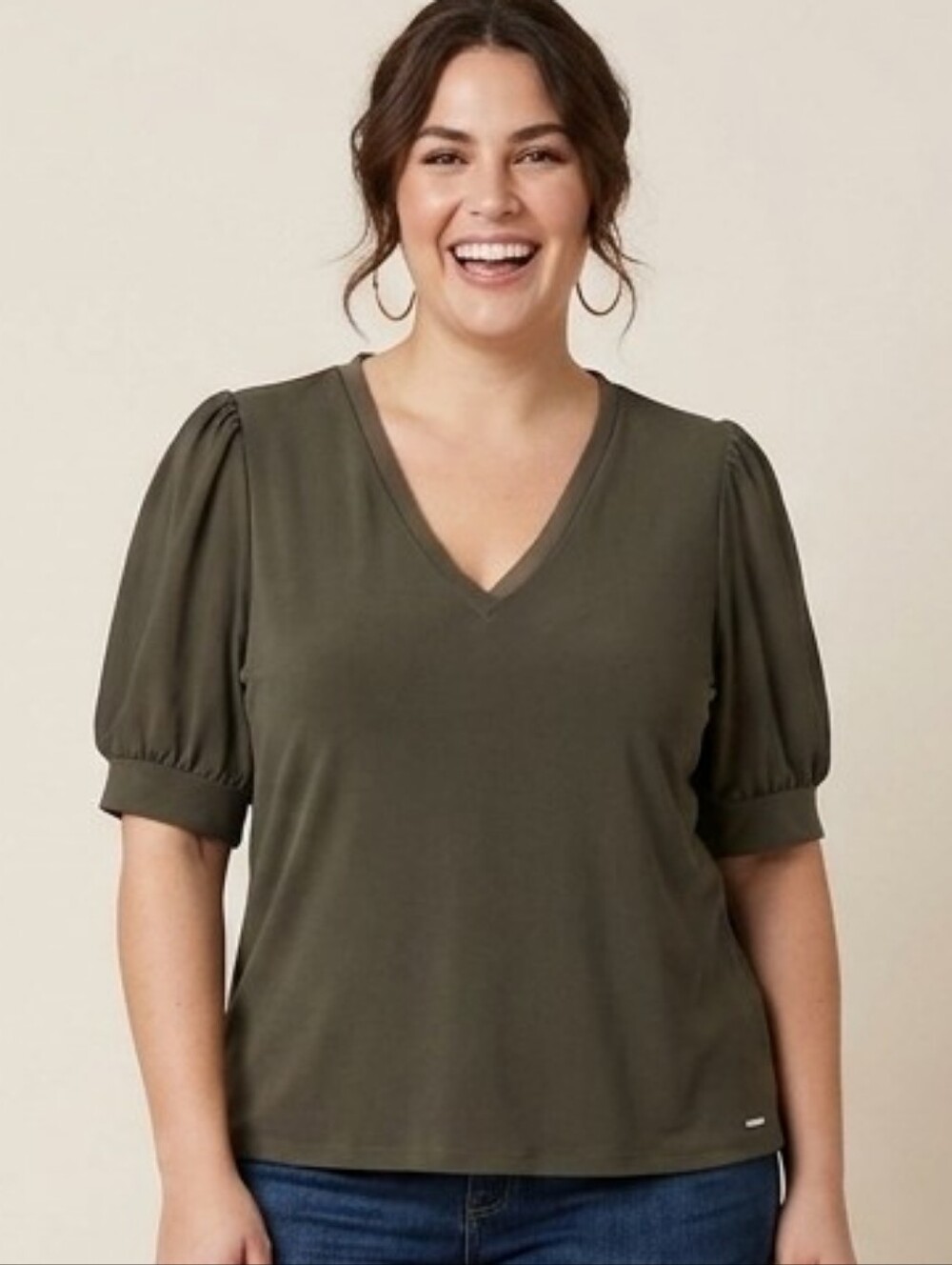 Calvin Klein Olive Green V-Neck Puff Sleeve Tee
